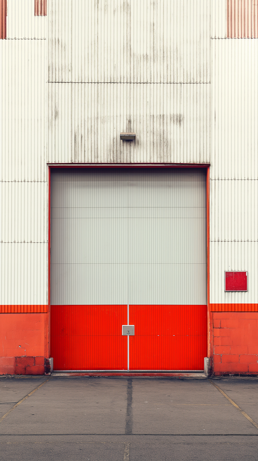 Loading dock door on the corrugated metal facade of a distribution warehouse